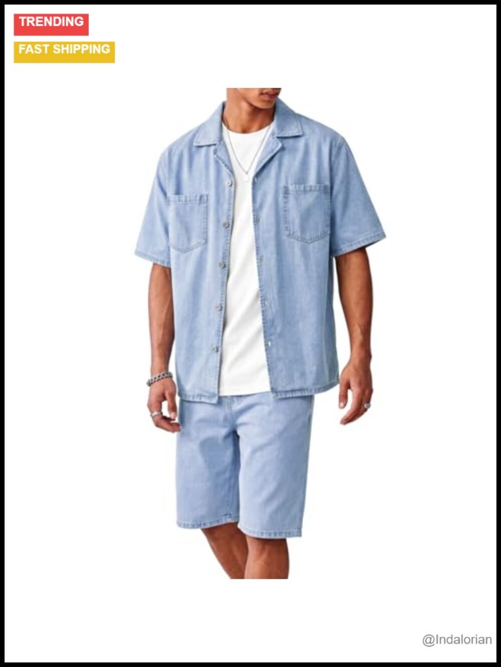 Mens Denim Matching Short and Shirt 2 Piece Set Outfit Lyocell Relaxed Fit